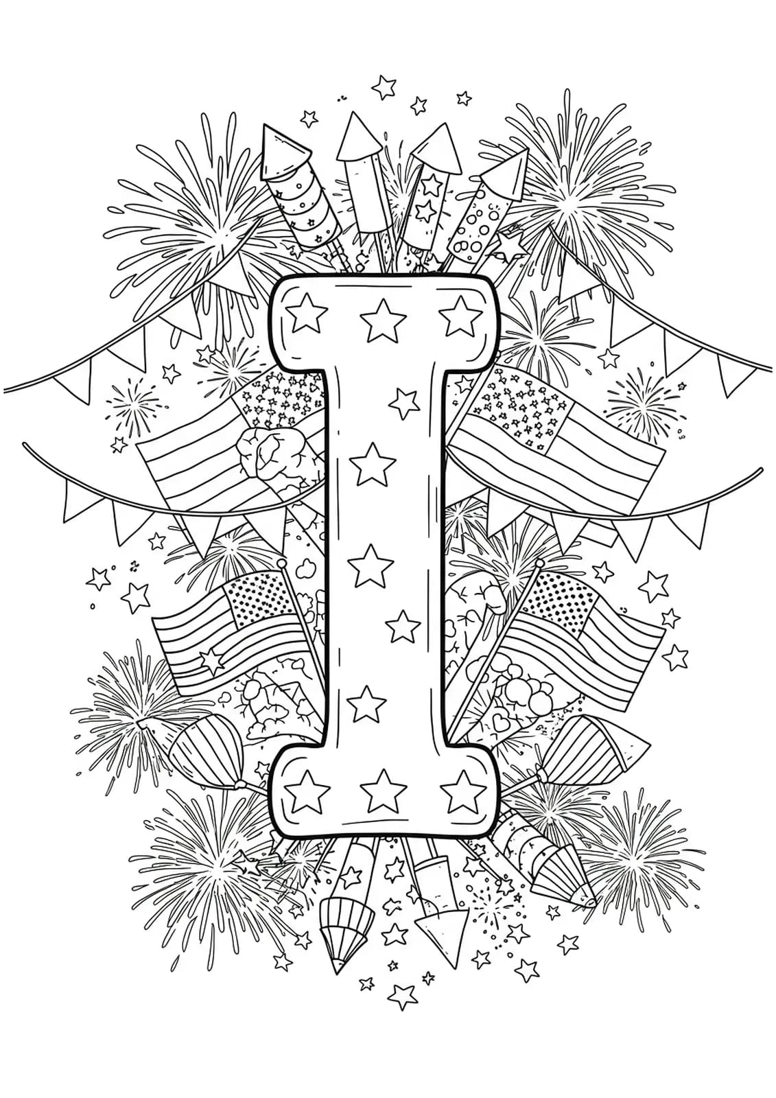 Letter I decorated with fireworks, flags, stars, and banners for Independence Day, hard for preschoolers.