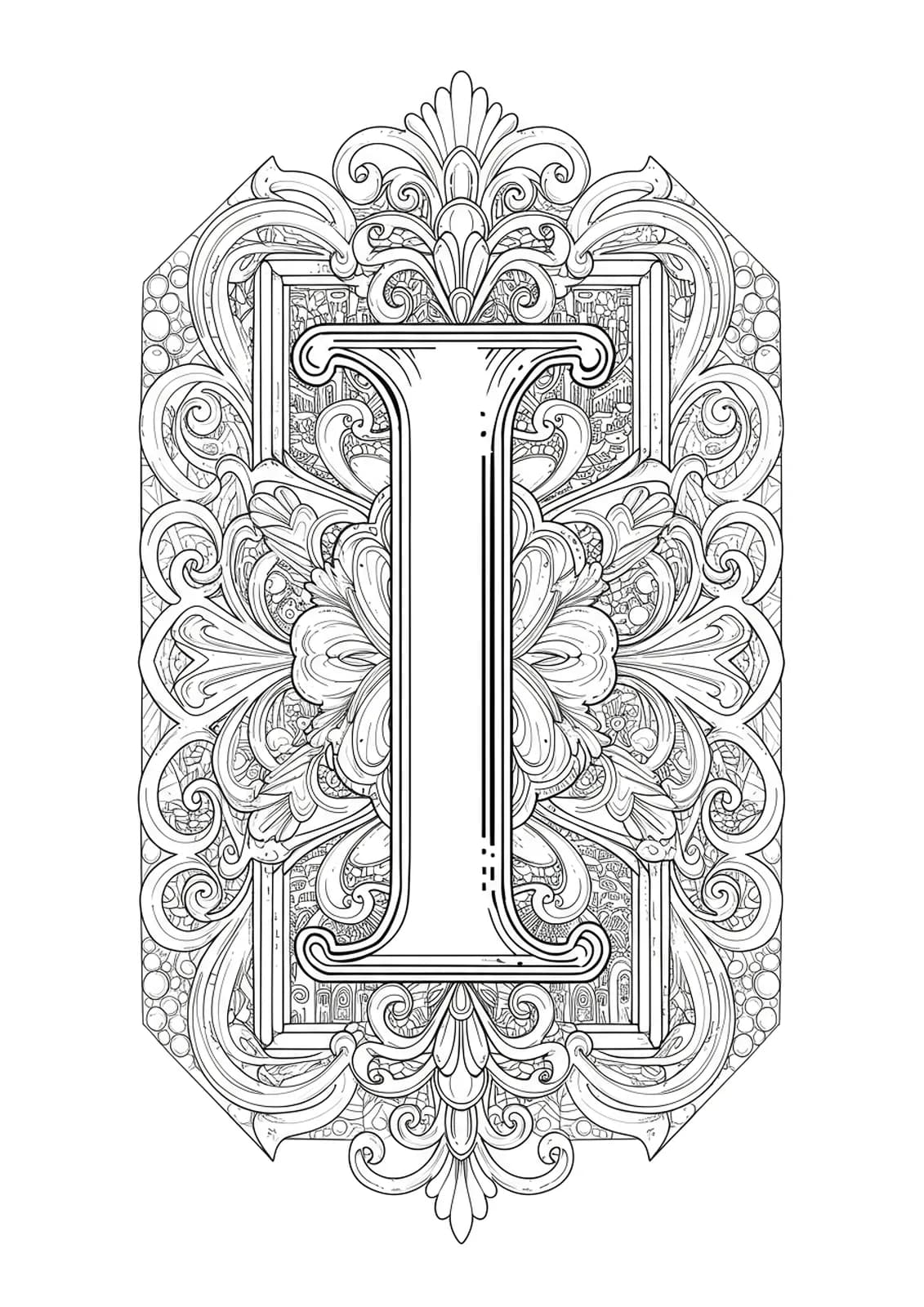Letter I surrounded by detailed Art Deco geometric patterns and stylized buildings.