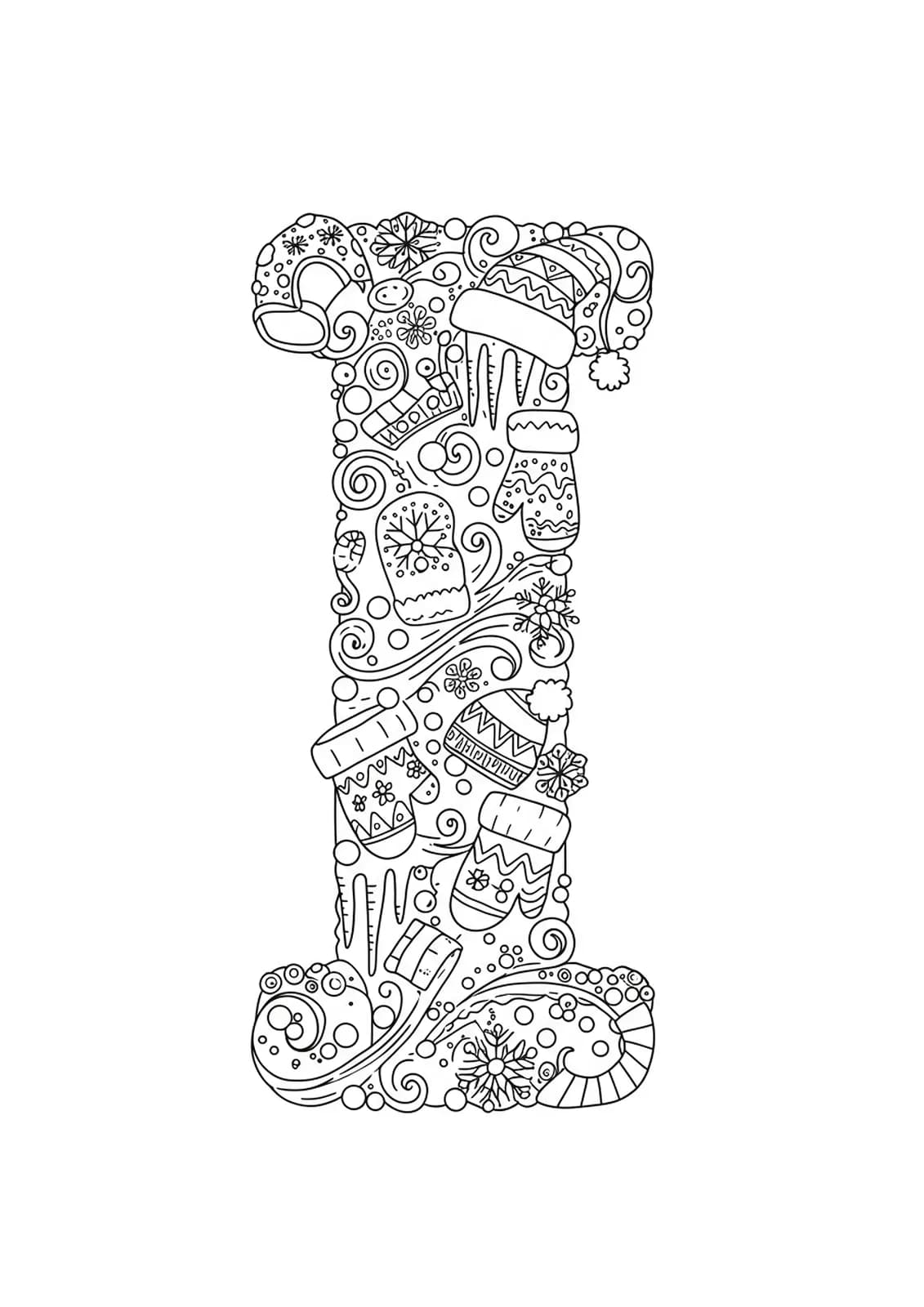 Letter I with snowflakes, icicles, mittens, and winter patterns, hard coloring challenge for preschoolers.