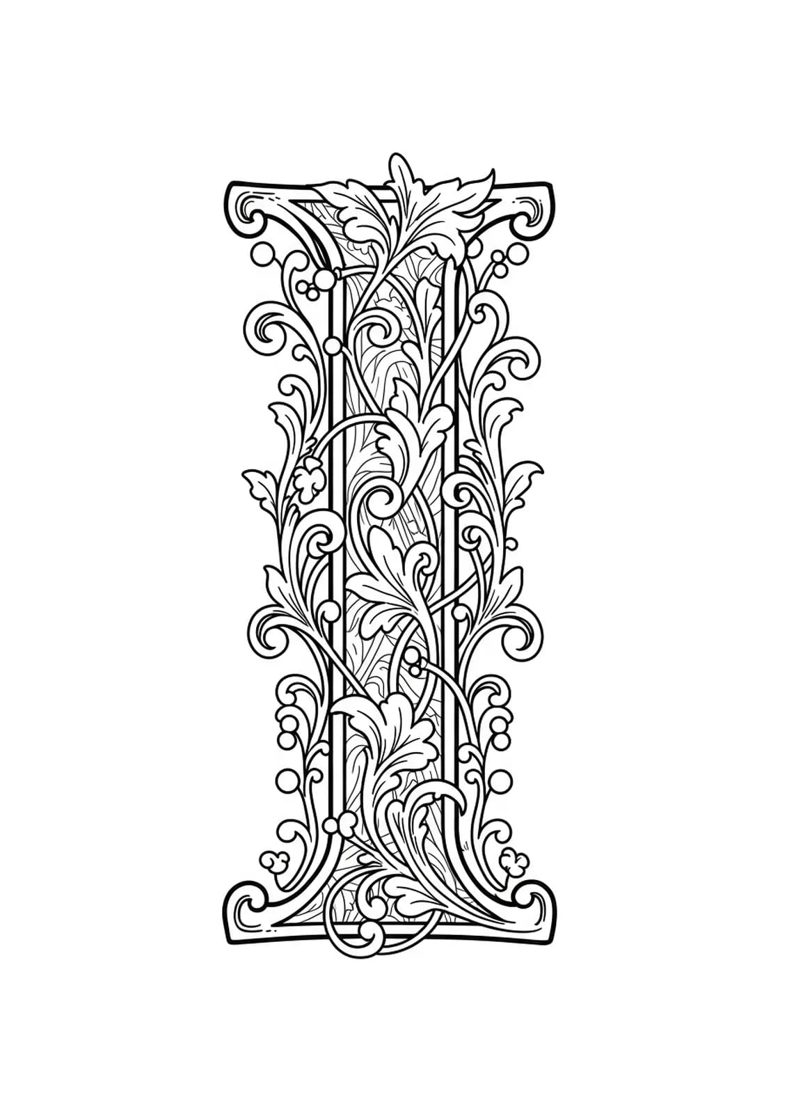 Letter I in illuminated manuscript style with scrollwork, vines, and medieval embellishments for adults.