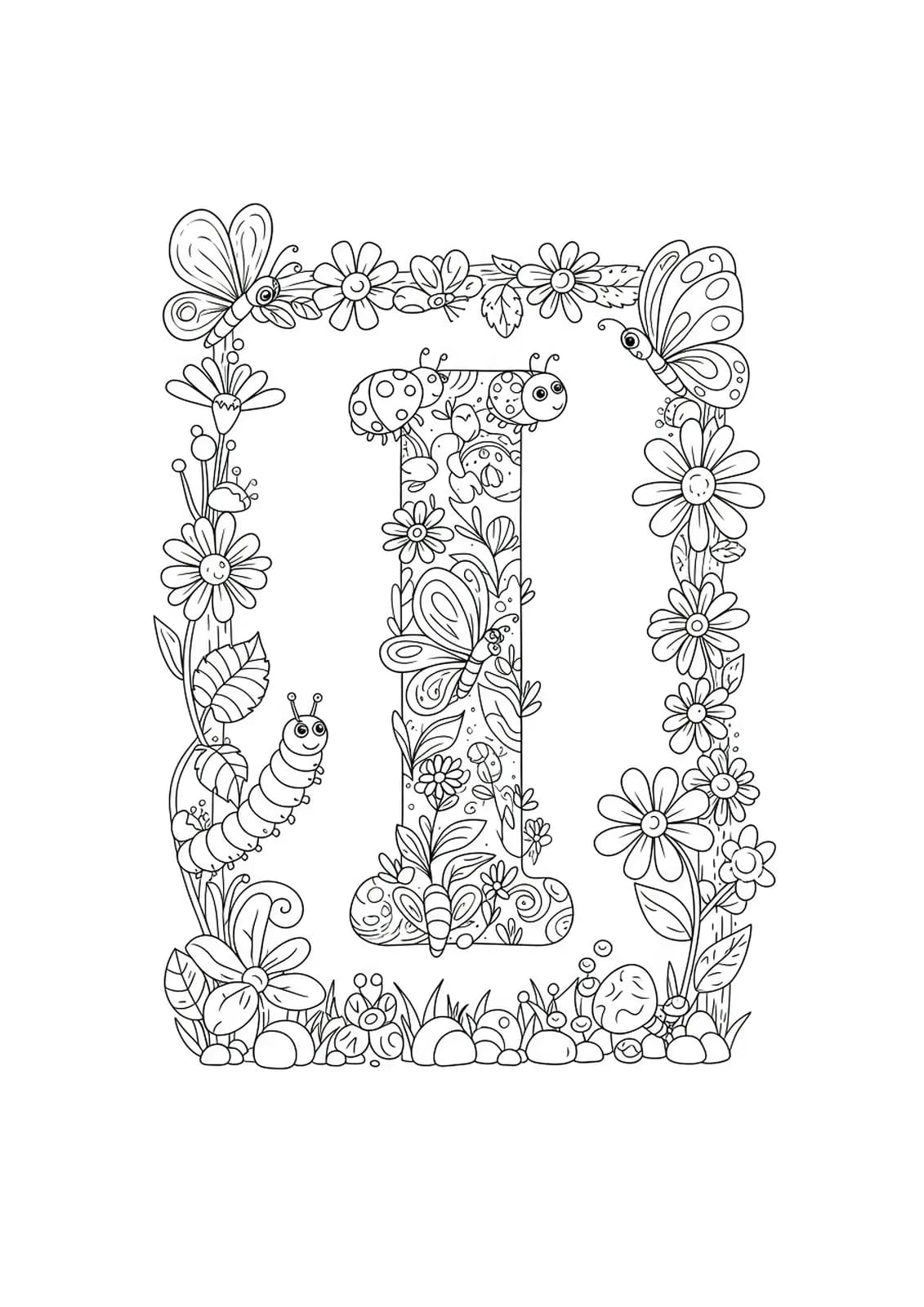 Line art coloring page of letter I in a garden with insects like butterflies and ladybugs, for elementary students.