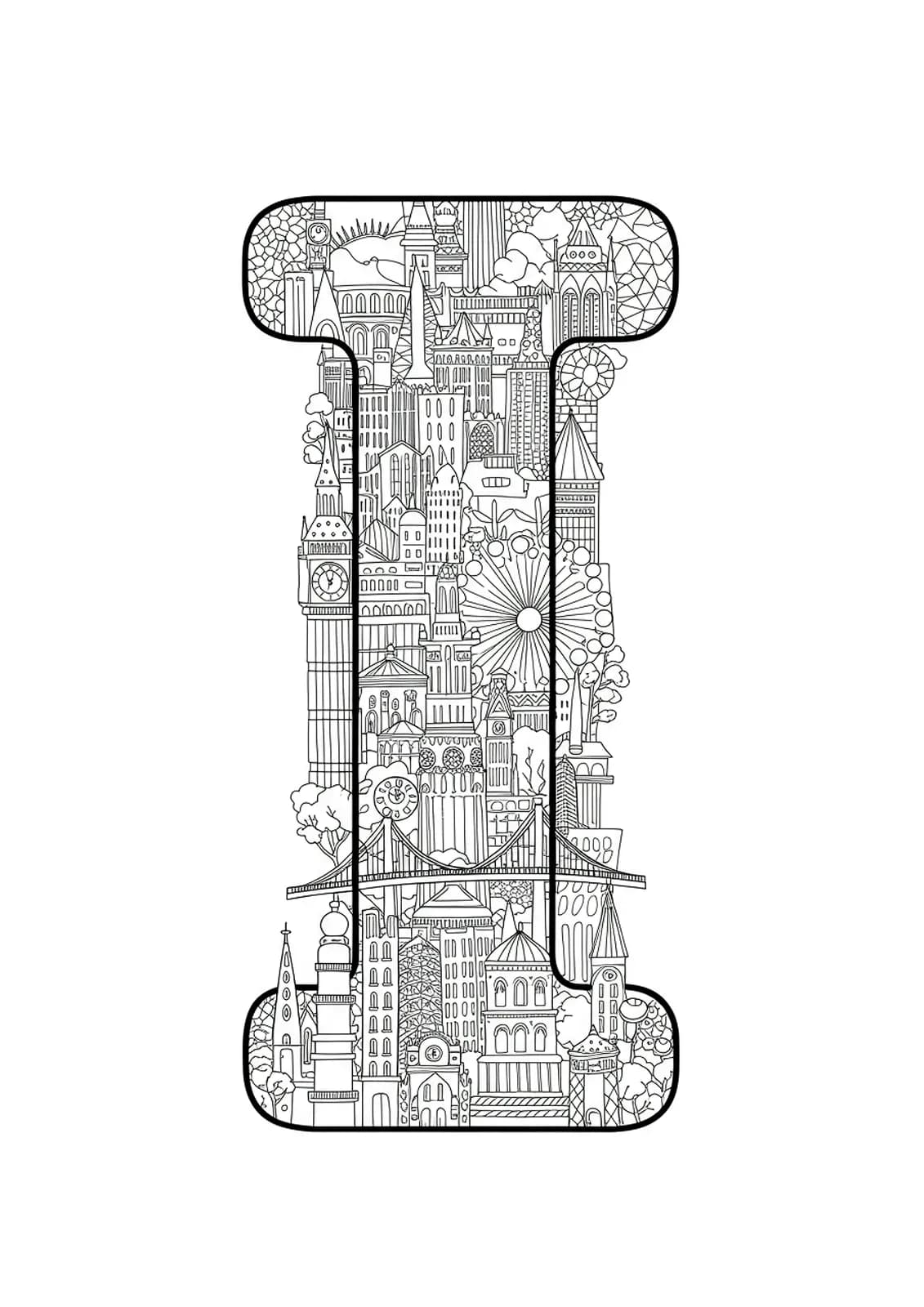 Medium-detailed city skyline with the letter I integrated into international cityscape elements.