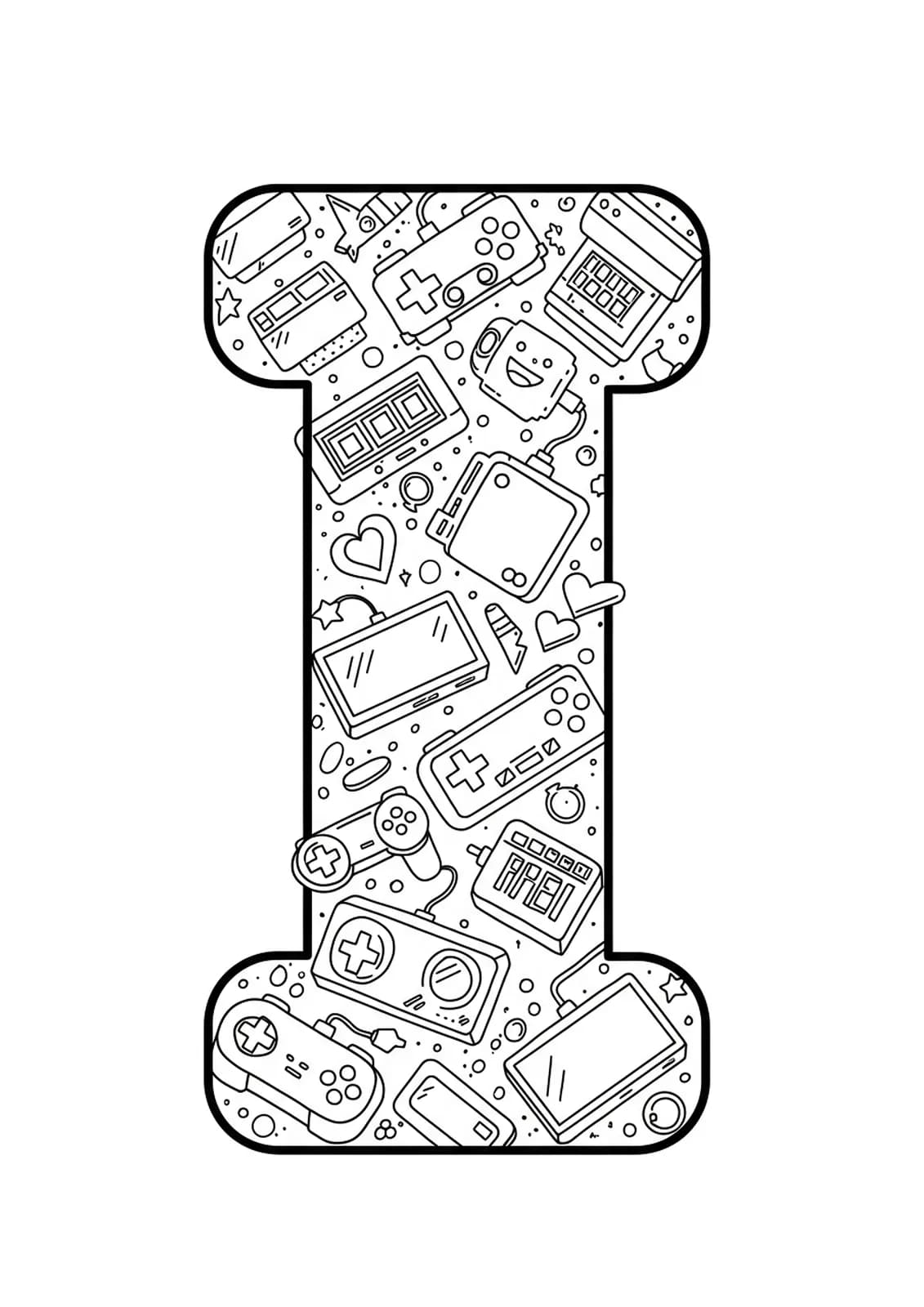 Letter I decorated with pixel art, gaming controllers, and indie video game icons, medium detailed coloring page.