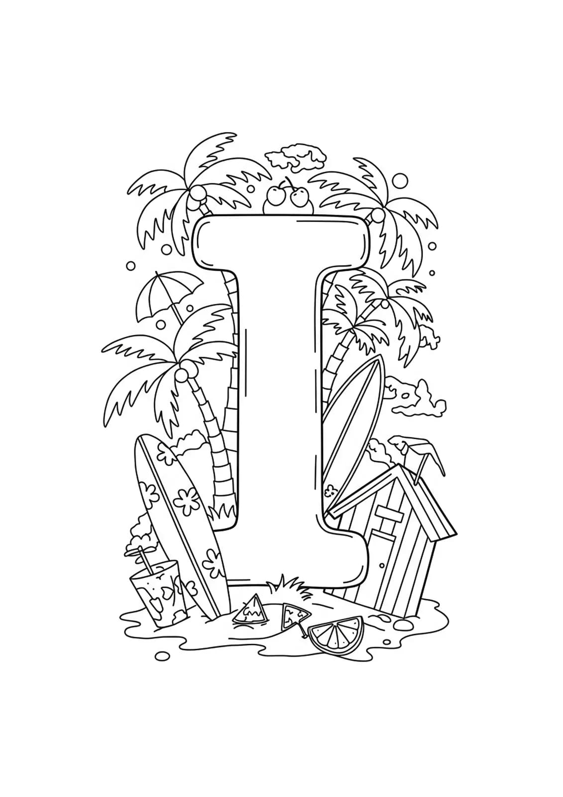 Letter I surrounded by palm trees, surfboards, and tropical island elements, medium detail coloring page.