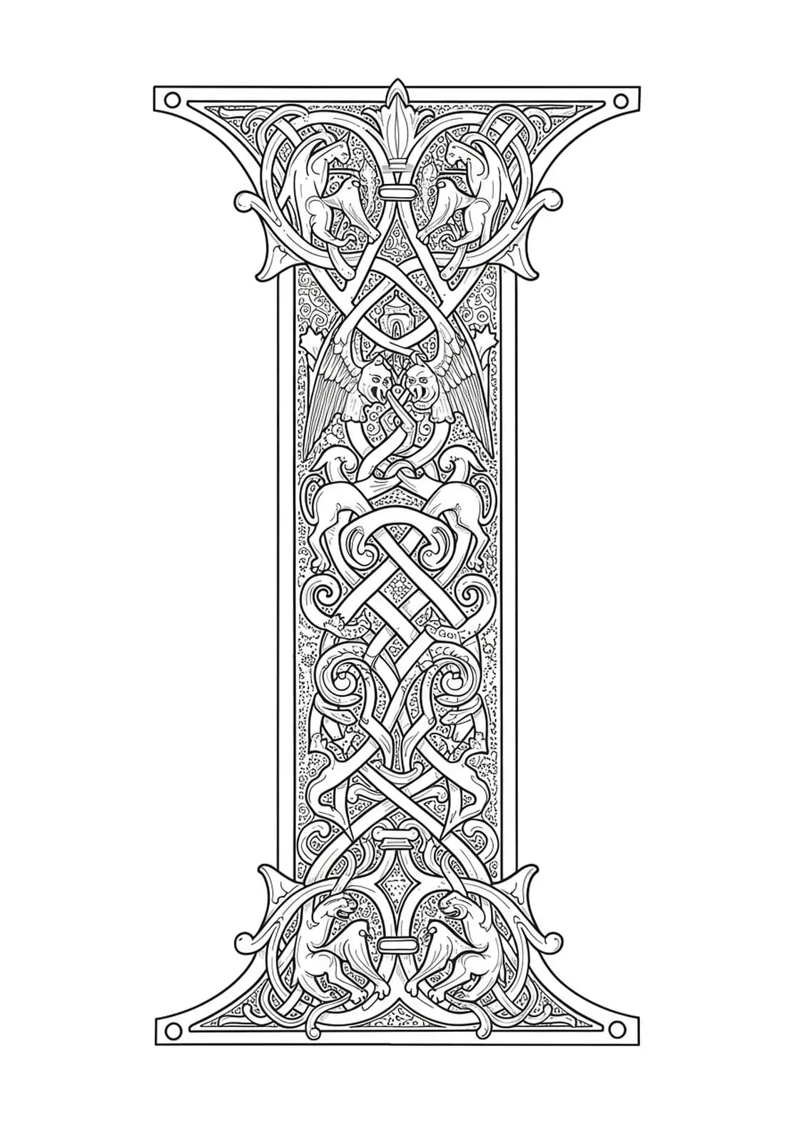 Letter I decorated in medieval manuscript style with mythical beasts, knotwork, and elaborate borders.