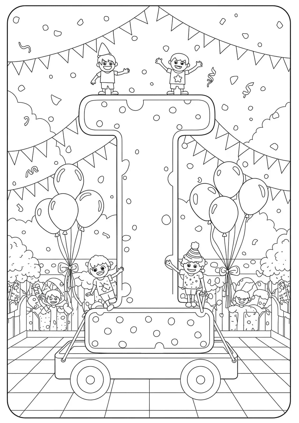 Large letter I in a parade scene with balloons, confetti, and banners.