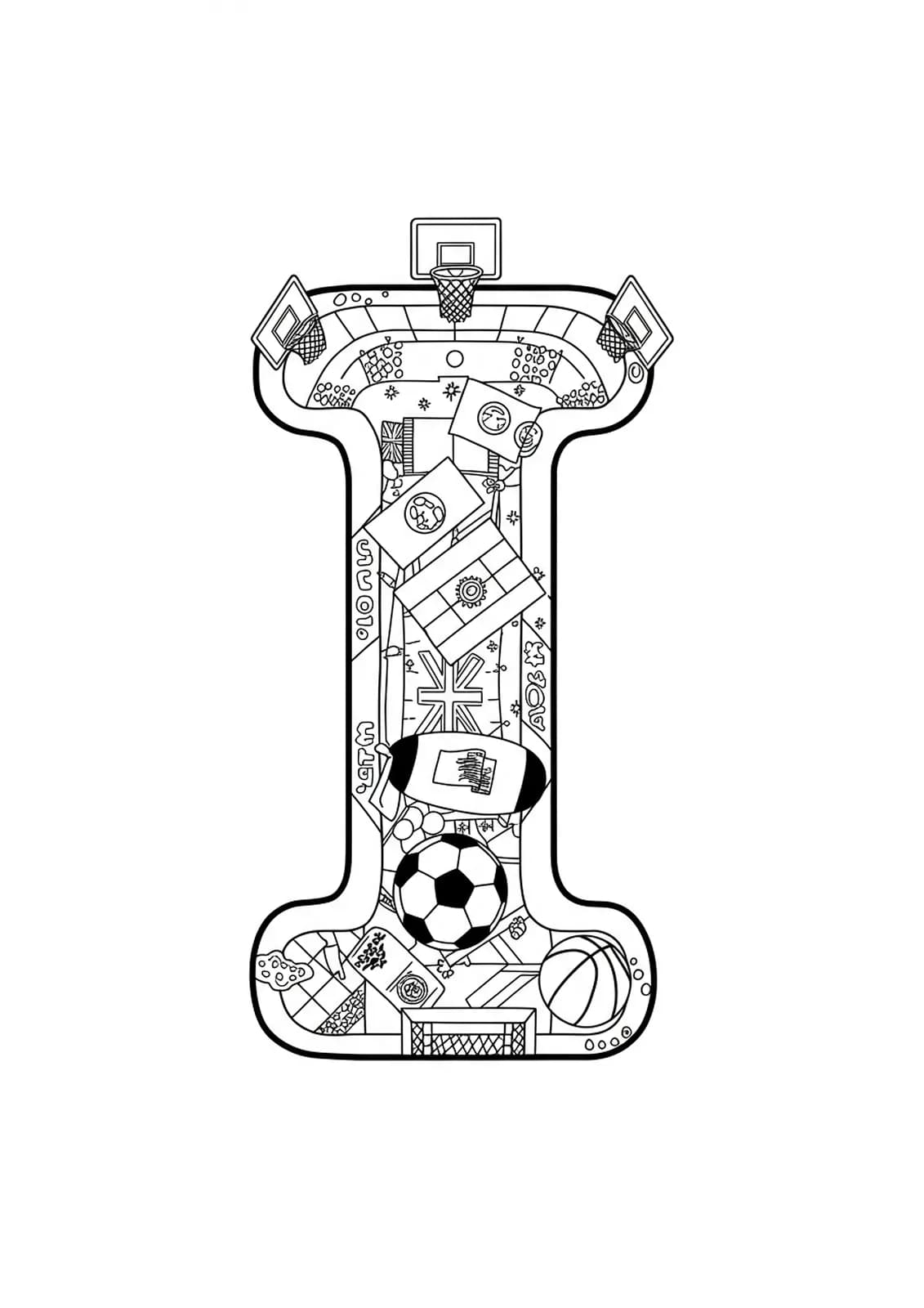 Coloring page with letter I at a sports arena with international flags and various sports equipment for elementary age.