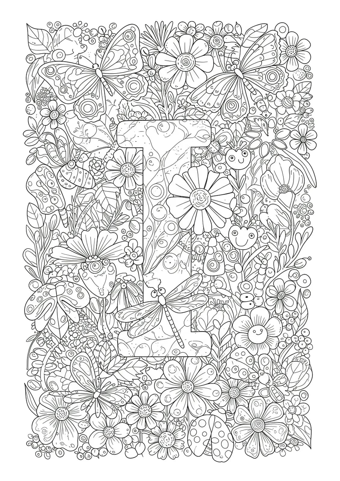 Letter I surrounded by detailed insects, flowers, and leaves in a garden scene, hard preschool coloring.