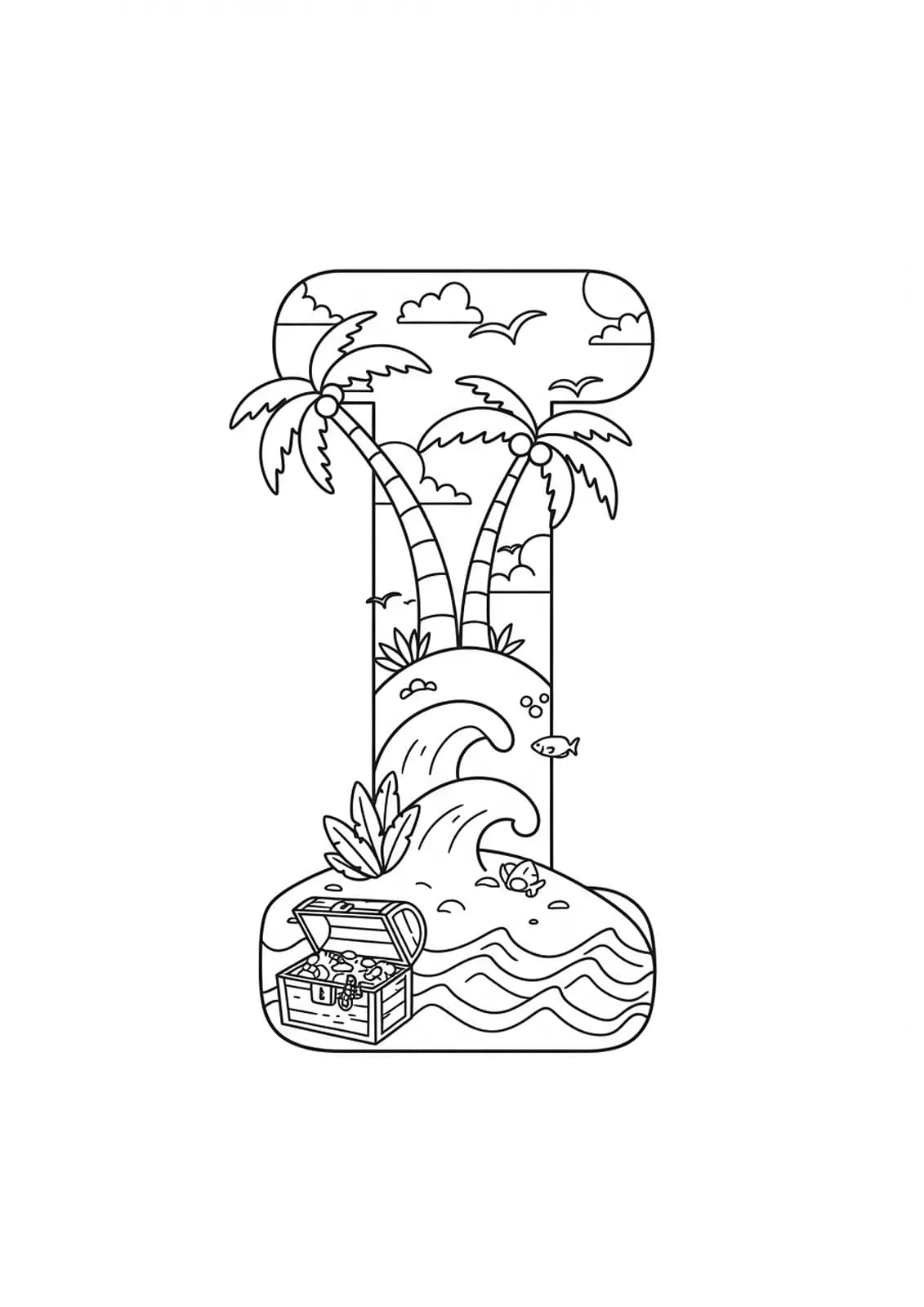Coloring page of letter I designed as an island with palm trees, treasure chest, and waves, suitable for elementary children.