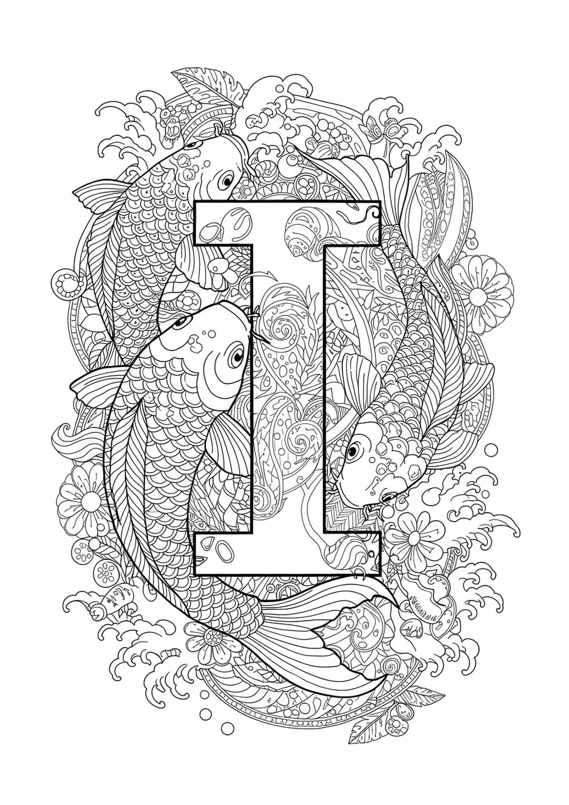 Detailed Japanese-inspired letter I with koi fish, swirling waves, and traditional patterns.