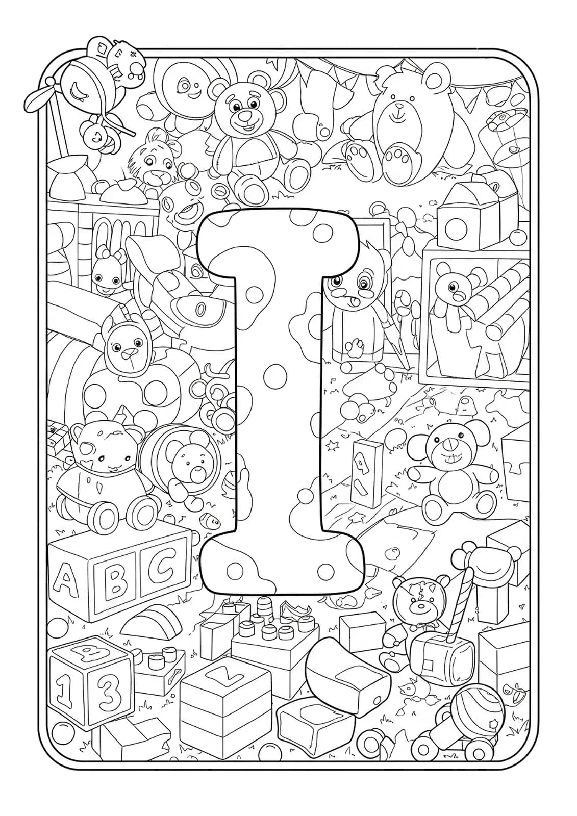 Letter I surrounded by building blocks, toys, puzzle pieces, and playroom patterns, hard for preschoolers.