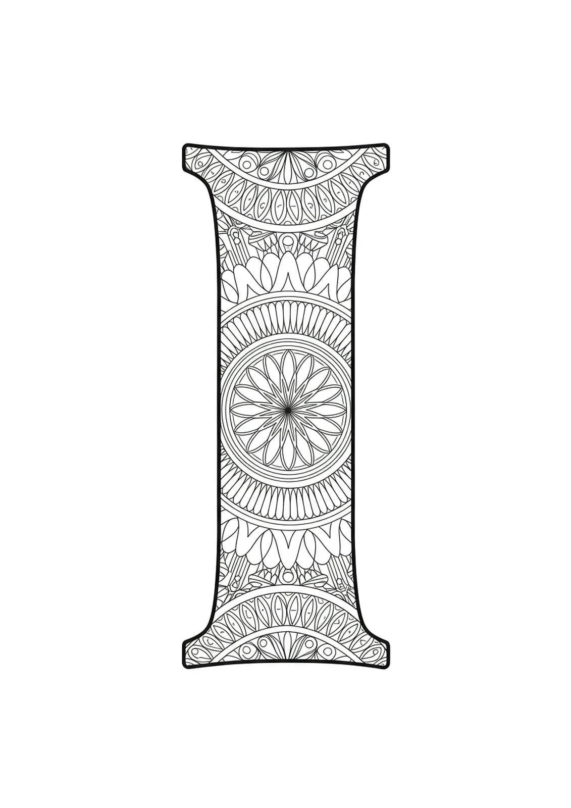Intricate sacred geometry patterns and mathematical symbols forming and surrounding the letter I.
