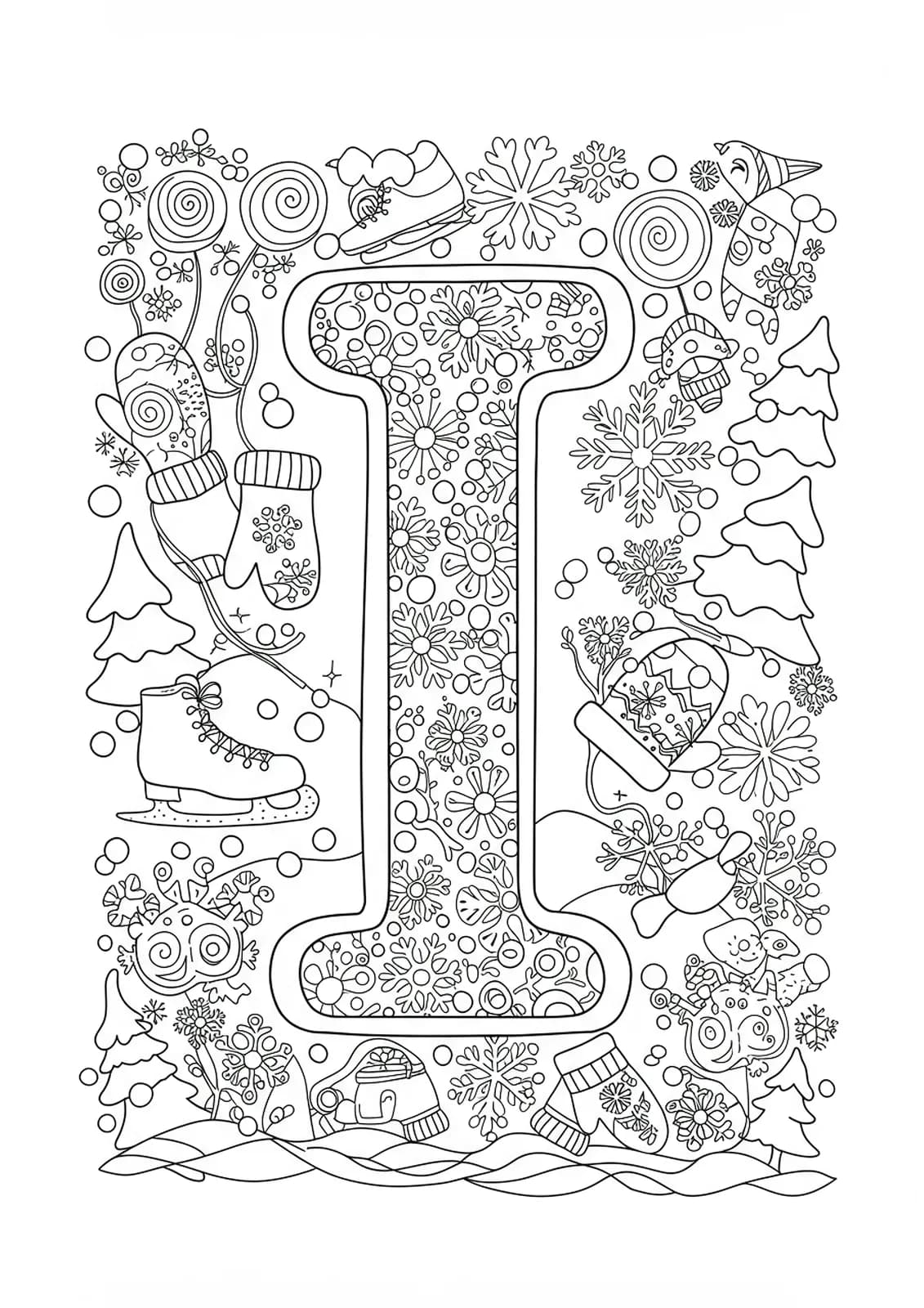 Letter I surrounded by detailed snowflakes, mittens, ice skates, and winter trees for coloring.