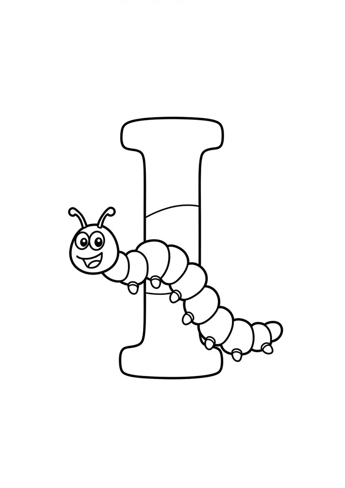 Letter I with a friendly inchworm crawling on it, easy animal coloring page