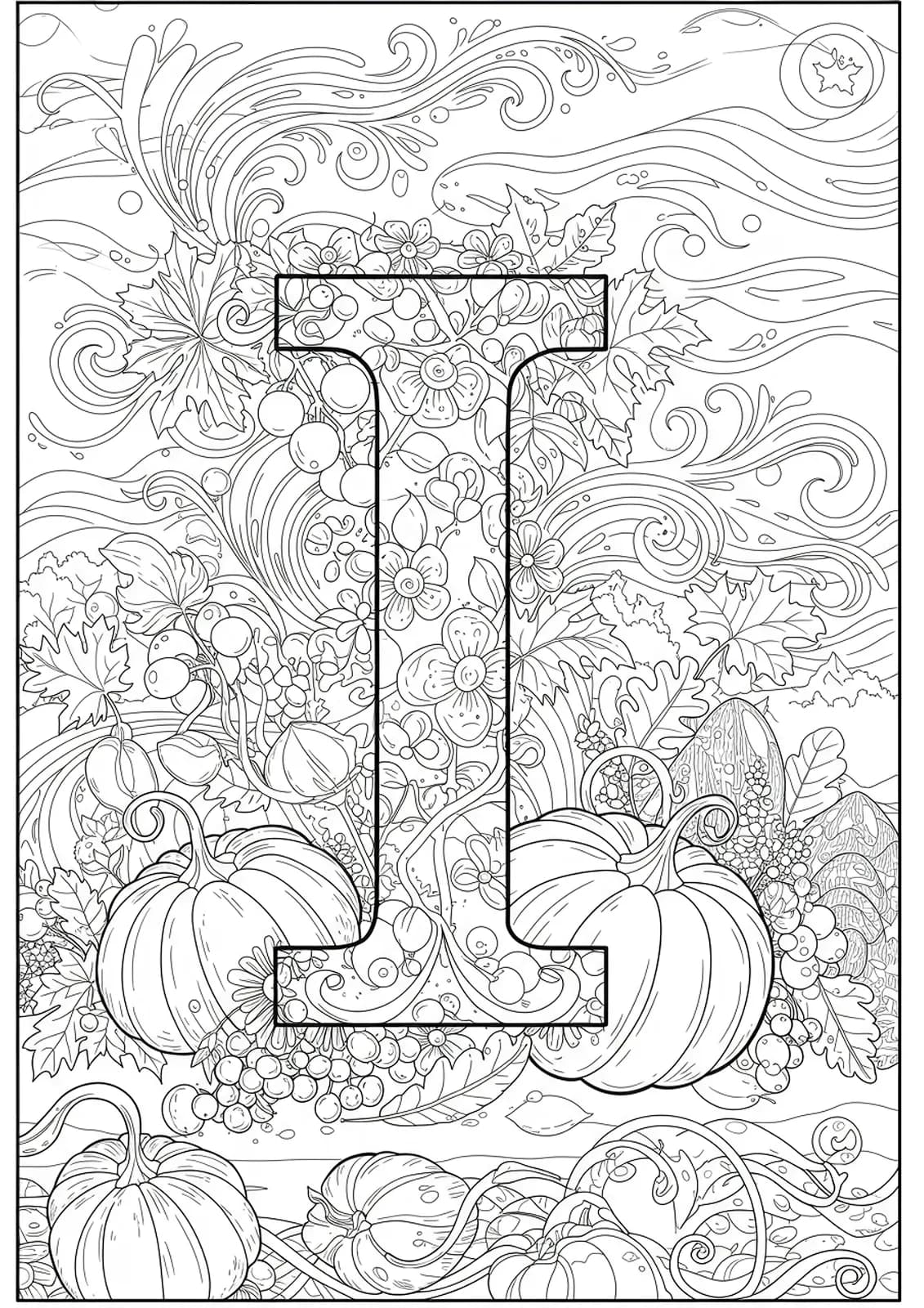 Letter I surrounded by intricate autumn leaves, swirling patterns, and pumpkins for coloring.