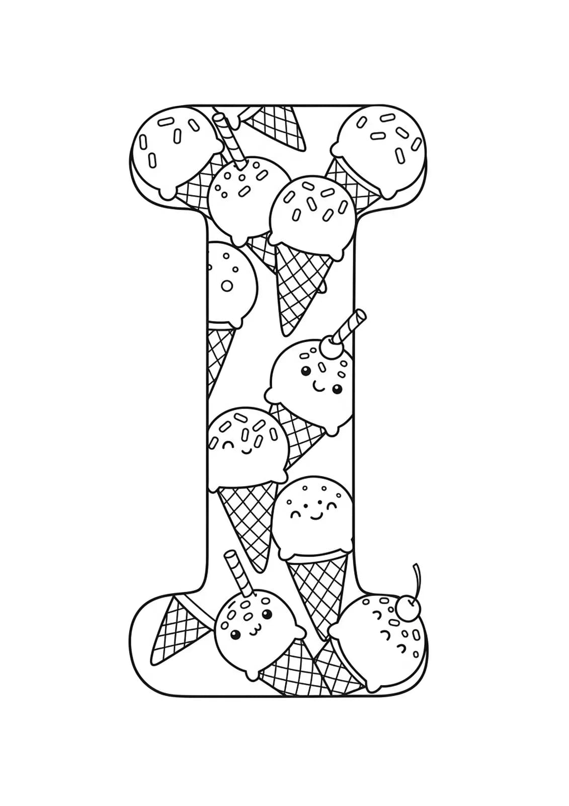 Outline of a large letter I with several ice cream cones around it for kids to color.