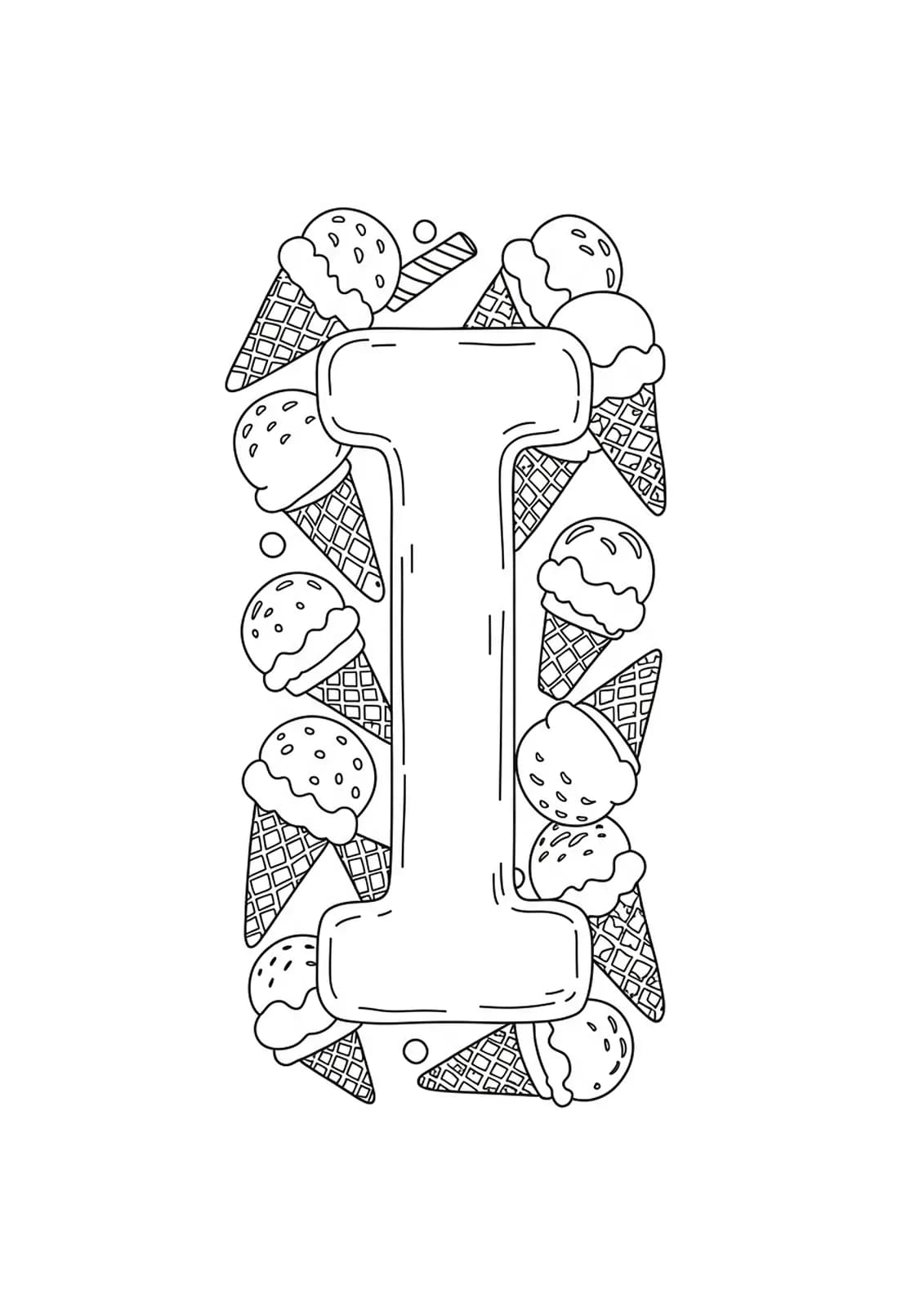 Black and white coloring page of letter I surrounded by ice cream cones for elementary children.