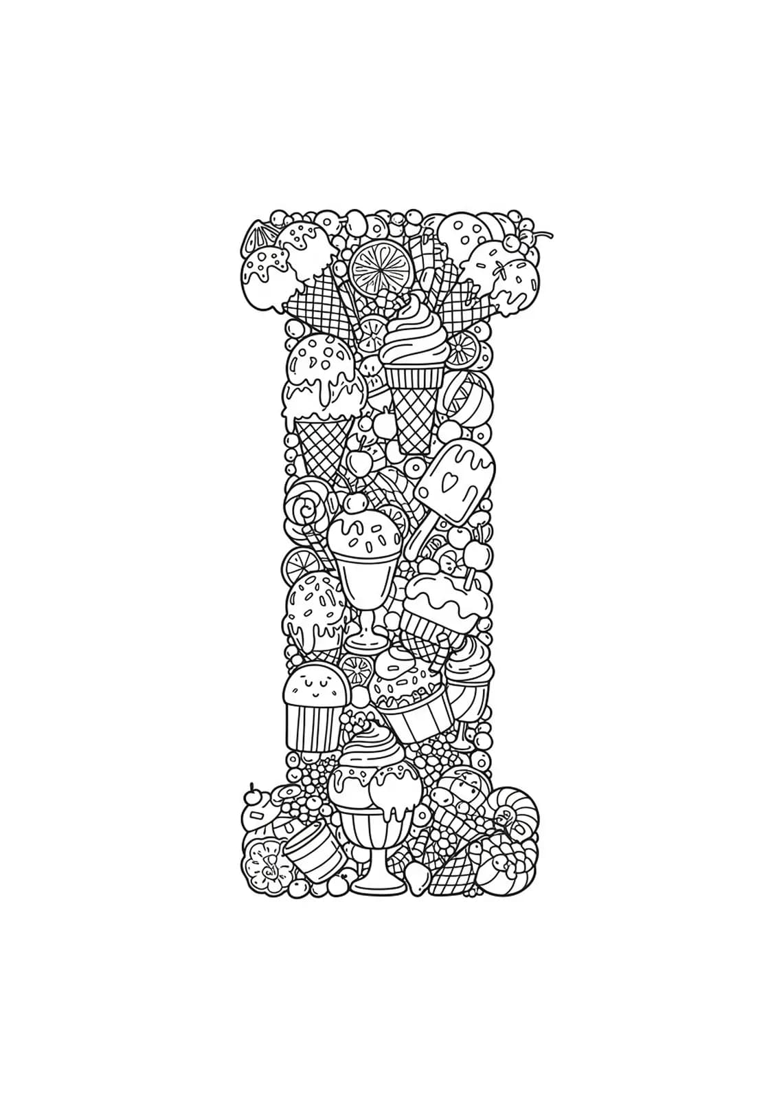 Letter I filled and surrounded by detailed ice cream treats, cones, sundaes, and sprinkles for coloring.