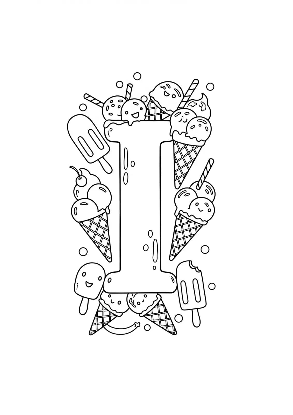 Letter I with ice cream cones and popsicles, easy outline coloring page for kids