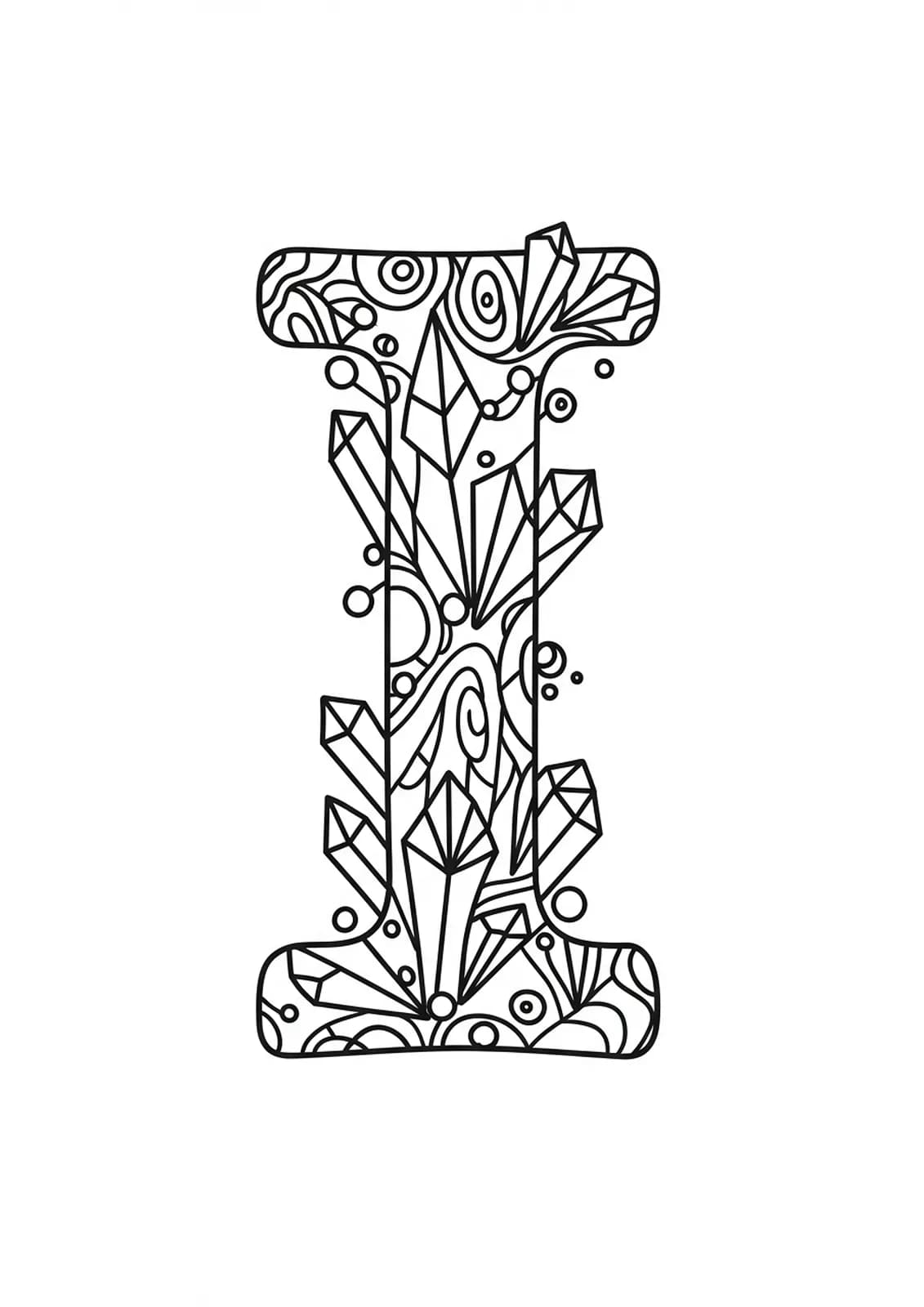 Letter I surrounded by ice crystal patterns and geometric shapes, medium complexity, for adult coloring.