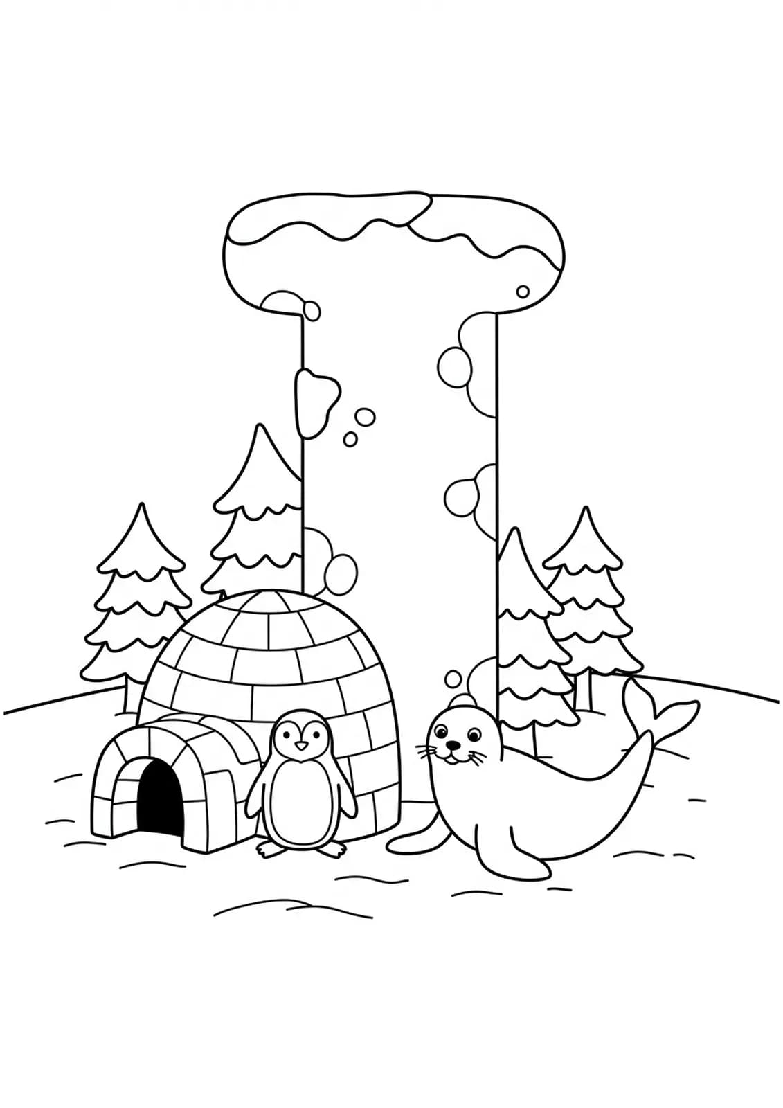 Letter I next to an igloo with a penguin and seal in a snowy scene.