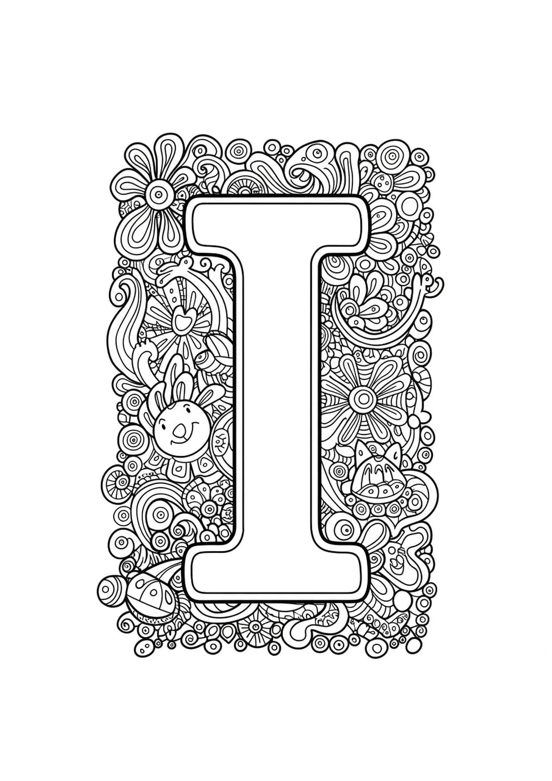 Letter I surrounded by fun, easy imagination doodles for teen coloring
