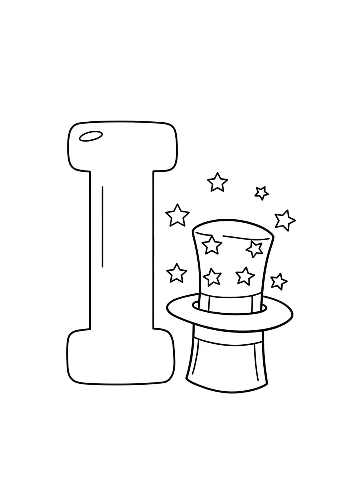 Letter I and a magic hat, simple outlines for preschool coloring