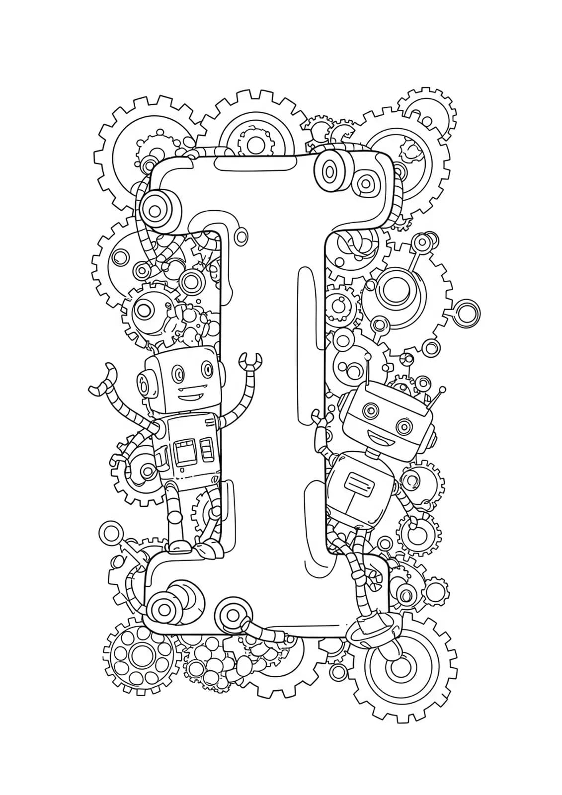 Coloring page showing letter I with multiple imaginative robot characters and gears for elementary kids.