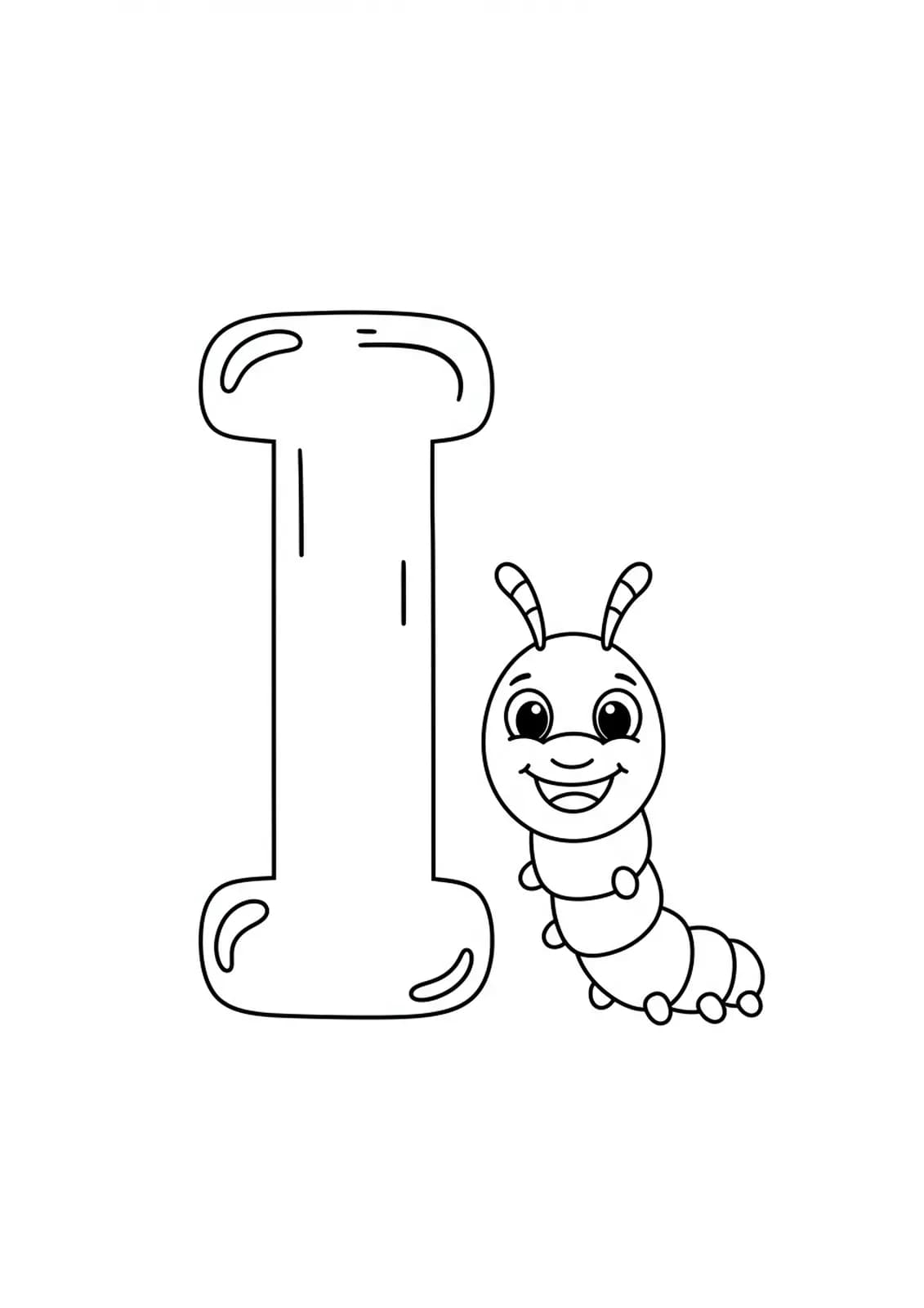 Letter I and a cartoon inchworm, easy coloring page for preschool