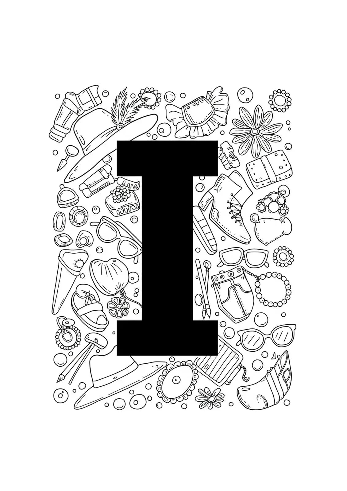 Letter I with indie fashion accessories like hats and sunglasses, easy for teens