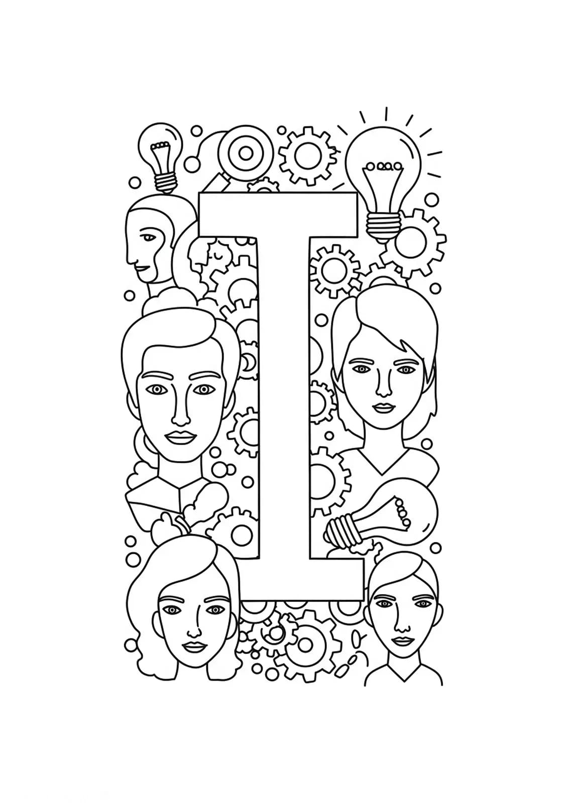 Letter I surrounded by gears, light bulbs, and abstract portraits representing famous innovators, medium detail line art.