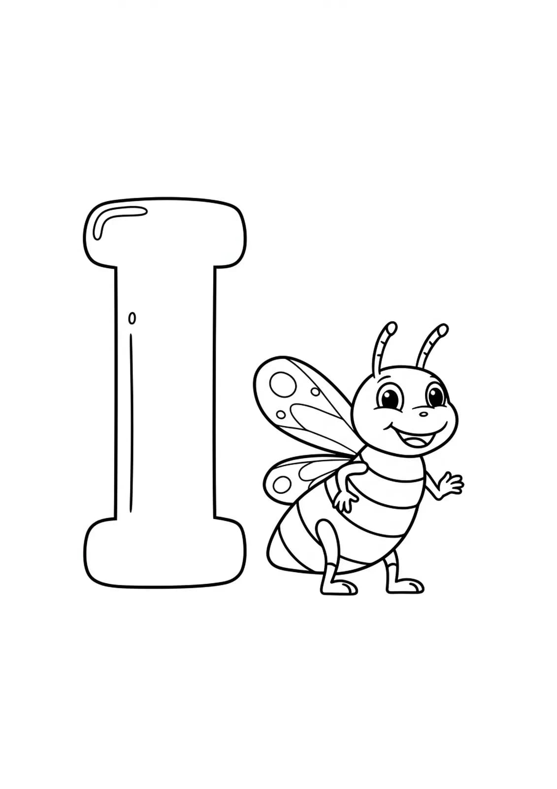 Large letter I with a simple bug for coloring, intended for preschoolers