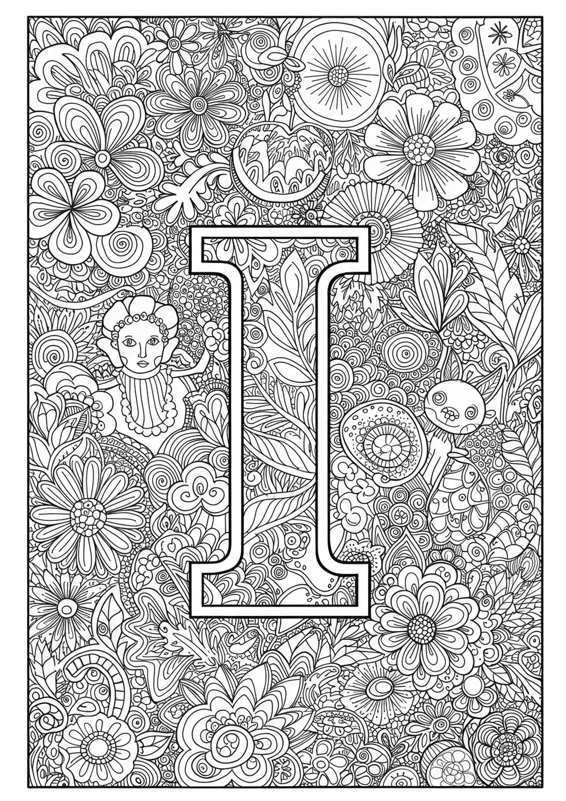 Large letter I with easy inspirational quotes on a coloring page for teens