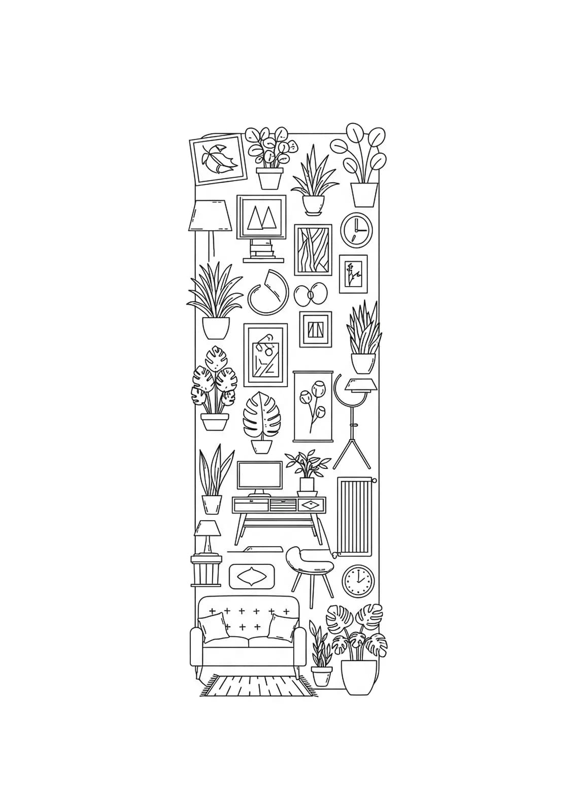 Letter I filled with illustrations of modern furniture, houseplants, and geometric decor, medium complexity.