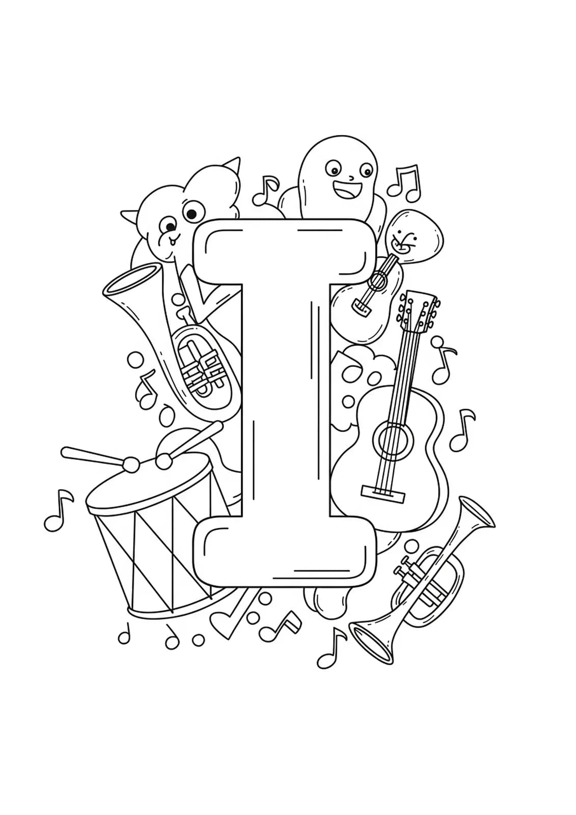 Letter I with simple musical instruments like a drum and guitar, easy coloring page