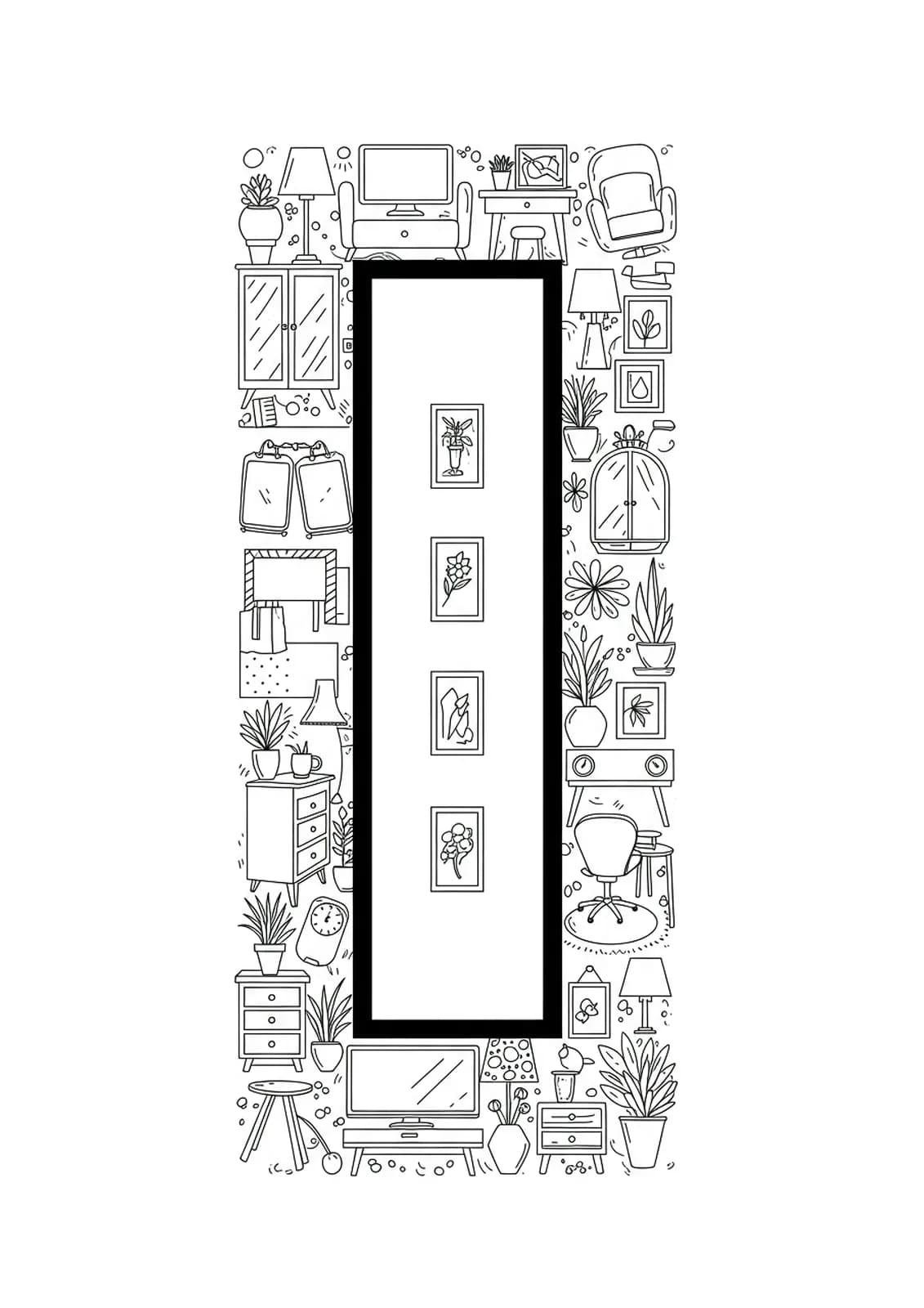 Letter I with easy furniture and decor outlines for teens to color