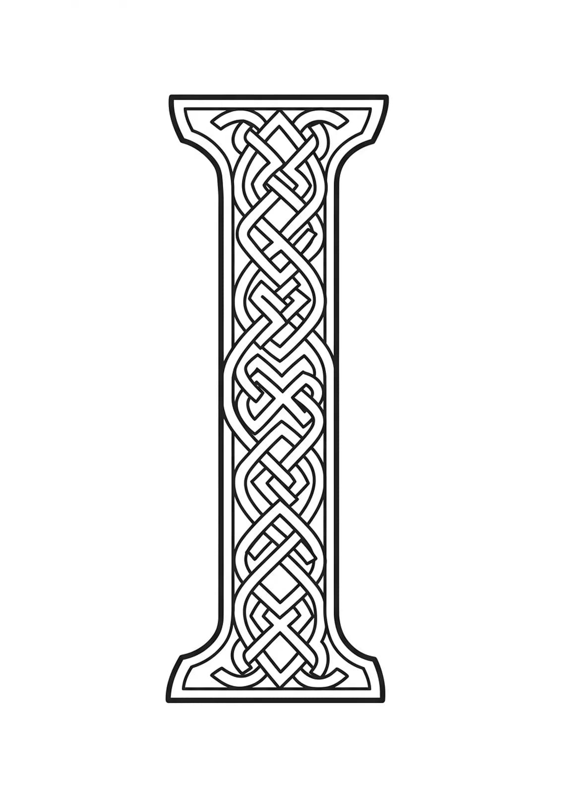 Letter I decorated with interlocking Celtic knotwork patterns of medium complexity.