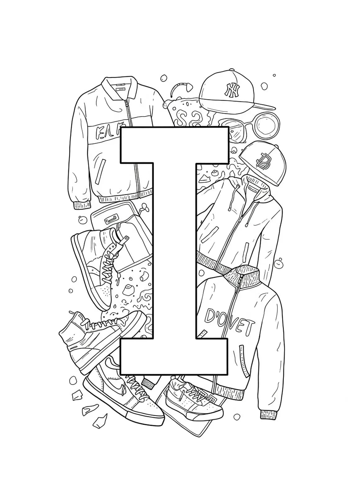 Letter I embellished with sneakers, hats, and trendy streetwear patterns, medium complexity line art.