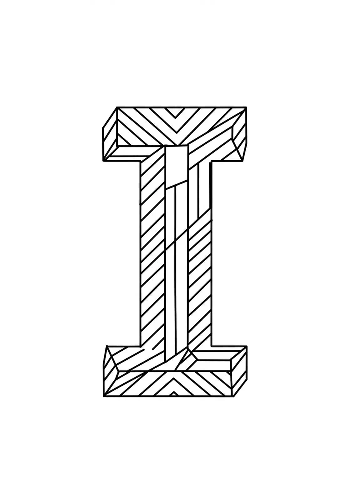 Letter I surrounded by optical illusion patterns with medium-level intricacy for adults.
