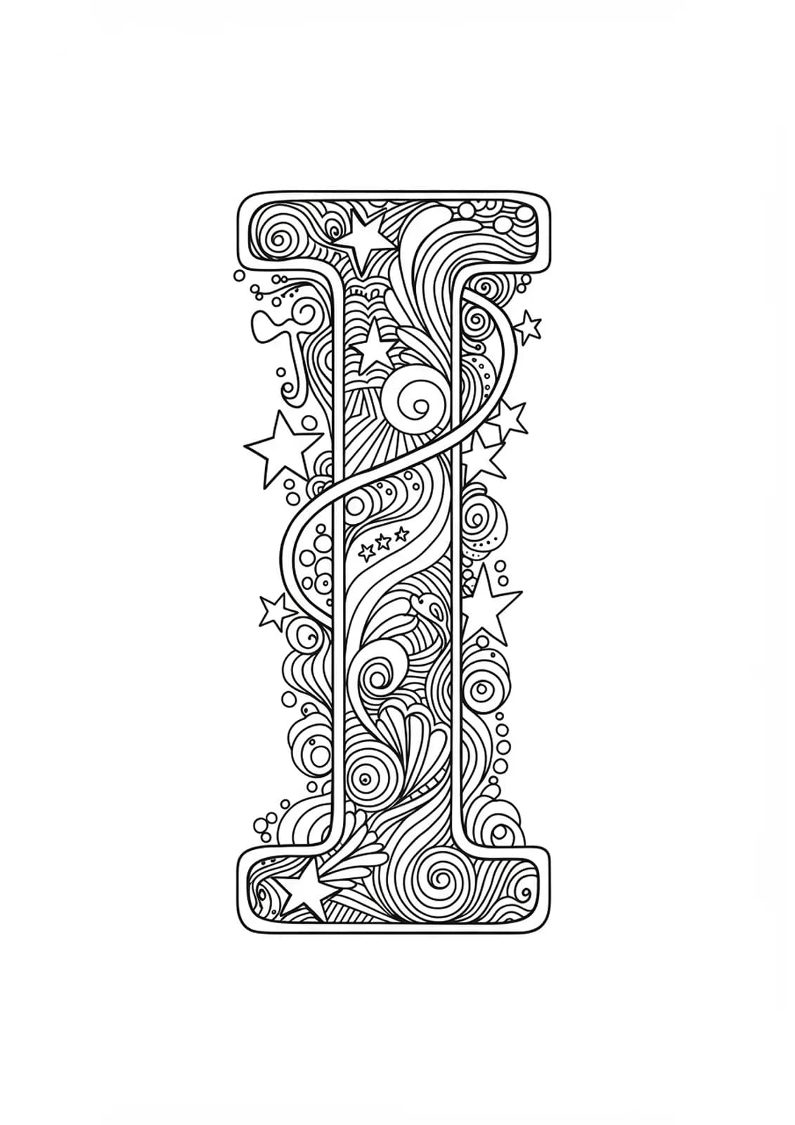 Letter I with whimsical swirling lines, stars, and doodles in a medium-difficulty adult coloring page.