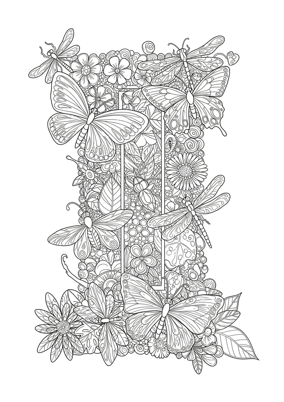 Letter I surrounded by detailed insects like butterflies, beetles, dragonflies, and garden flowers for coloring.