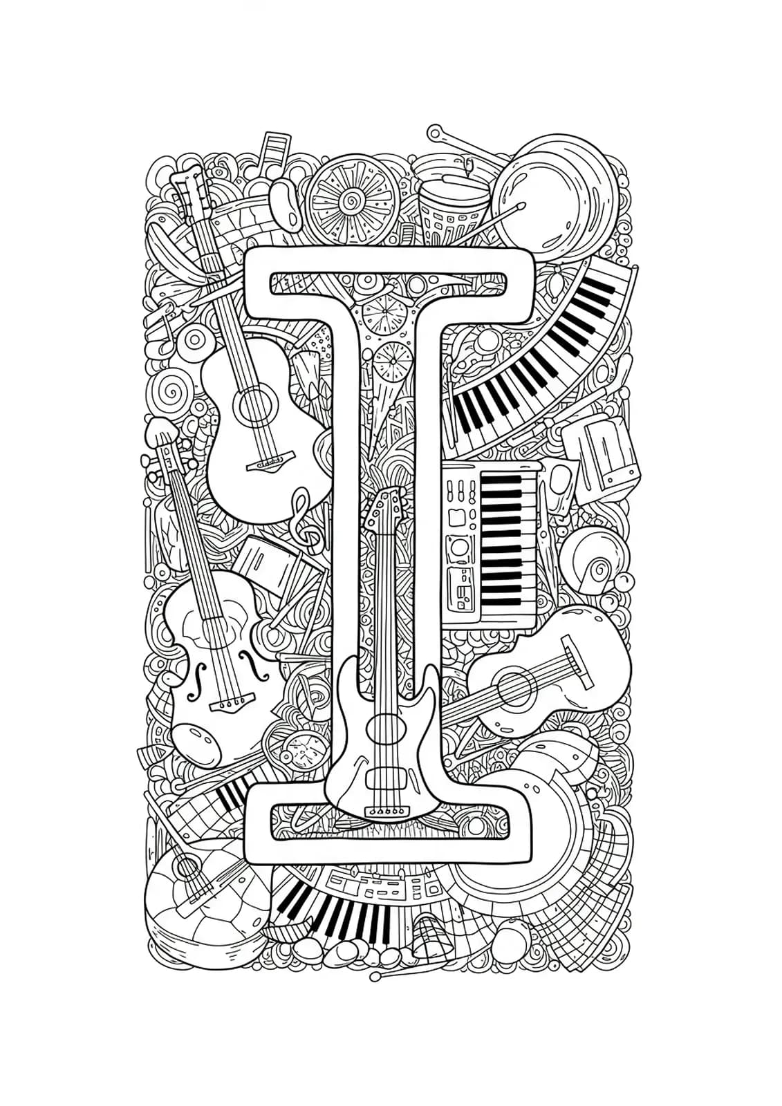 Letter I surrounded by detailed musical instruments like guitars, violins, drums, and musical notes for coloring.