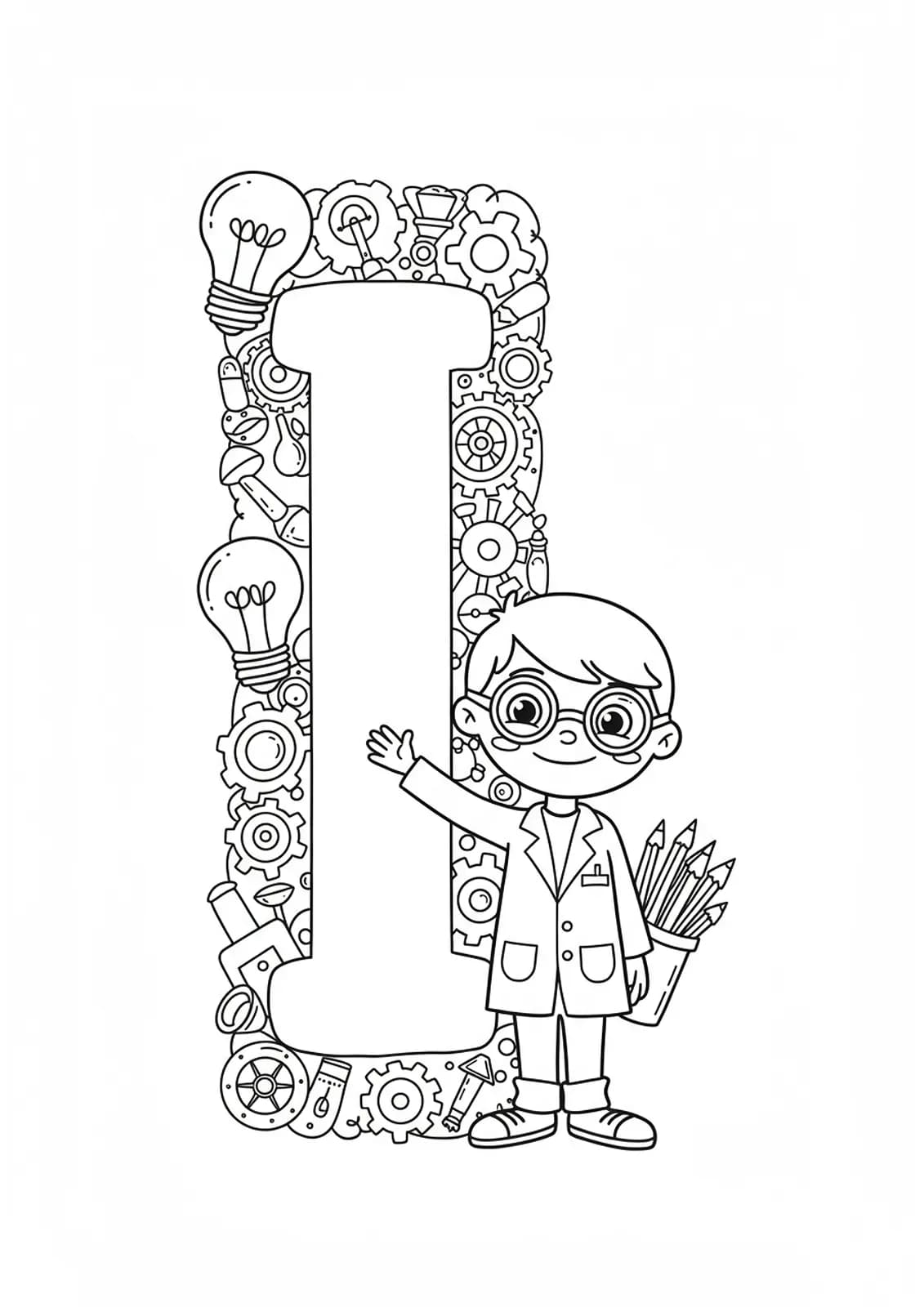 Coloring page featuring letter I with gears, light bulbs, and a young inventor character for elementary students.