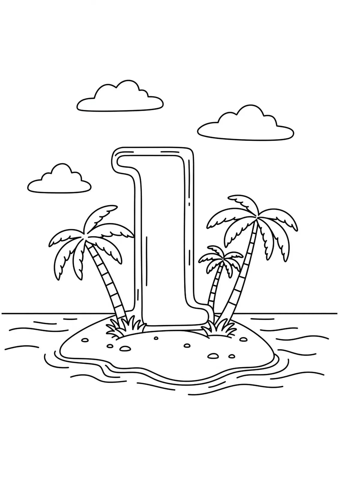 Letter I with island, palm trees, and waves for easy teen coloring
