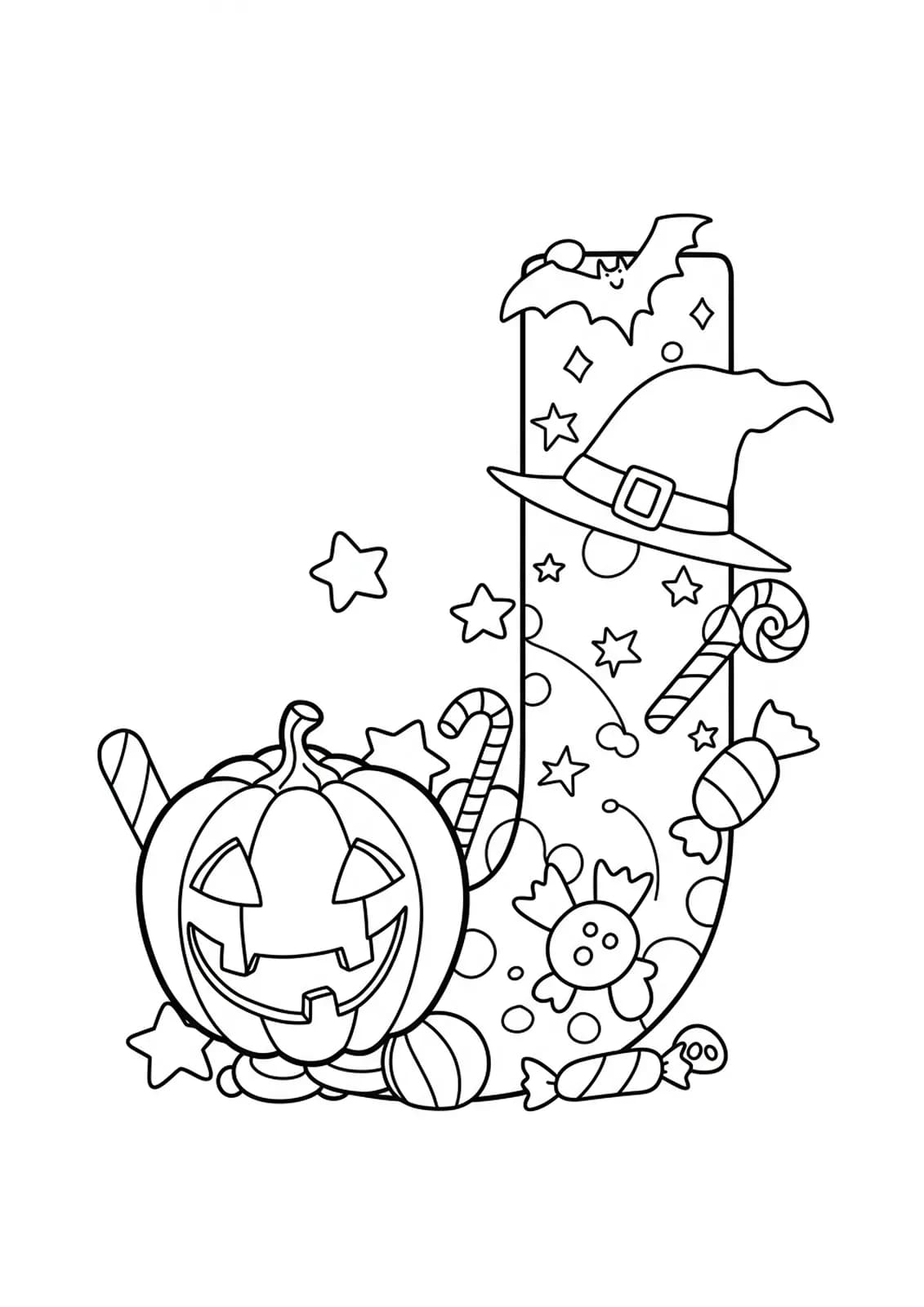 Coloring page with the letter J, jack-o'-lantern, stars, and candy for preschoolers.