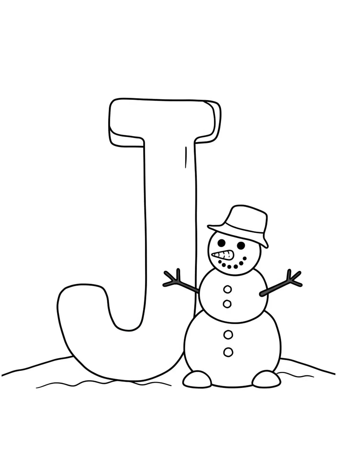 Easy coloring page of a big letter J with a simple snowman wearing a hat next to it.