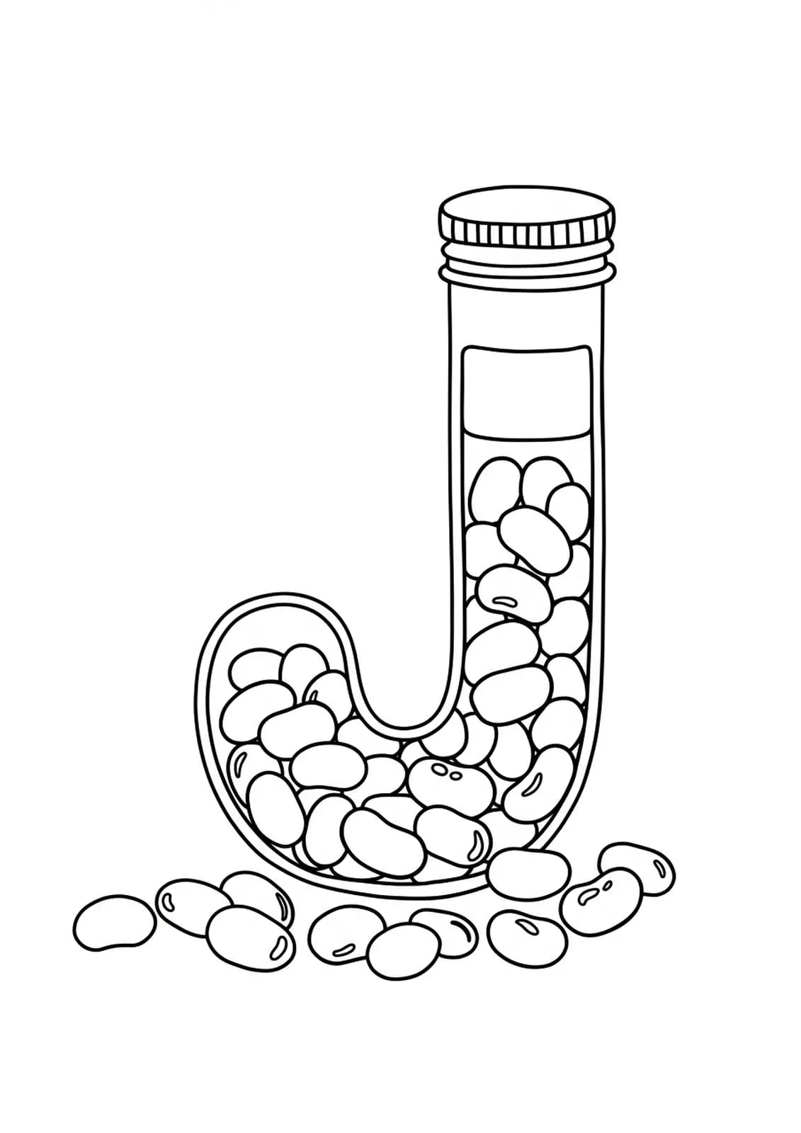 Coloring page with the letter J, jar of jellybeans, and candies for preschoolers.