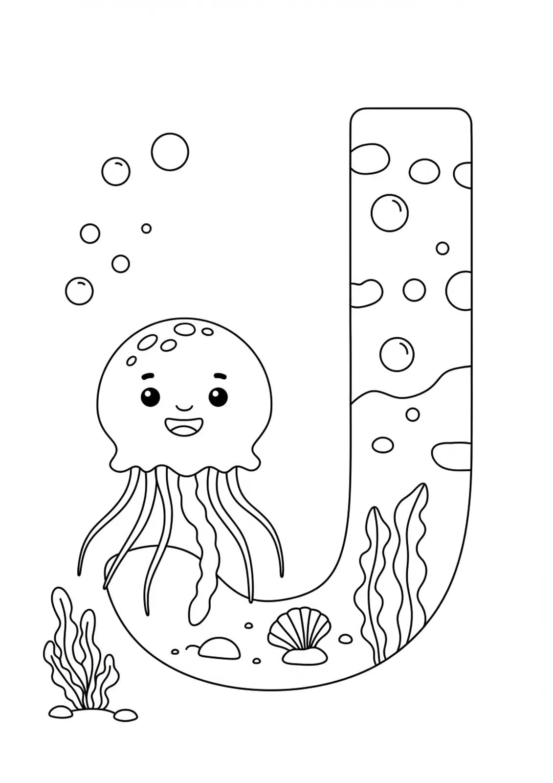 Coloring page with the letter J, jellyfish, seaweed, and bubbles for preschoolers.