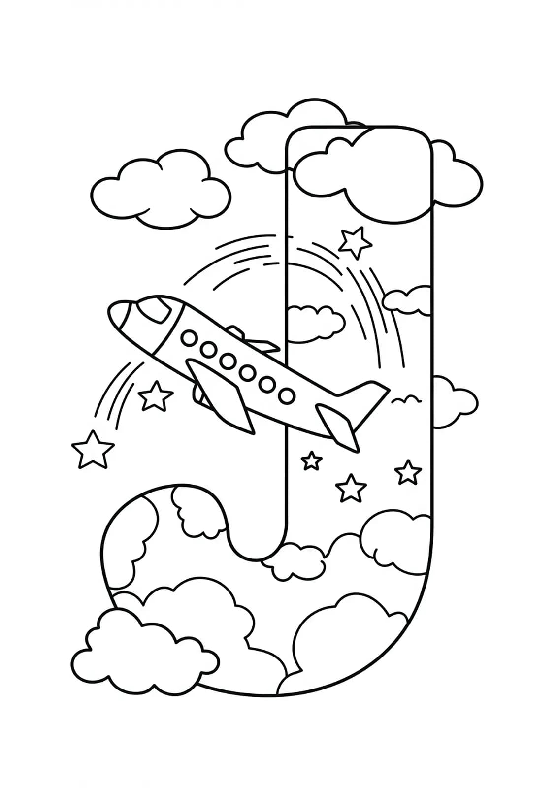 Coloring page with the letter J, a jet plane, clouds, and stars for preschoolers.