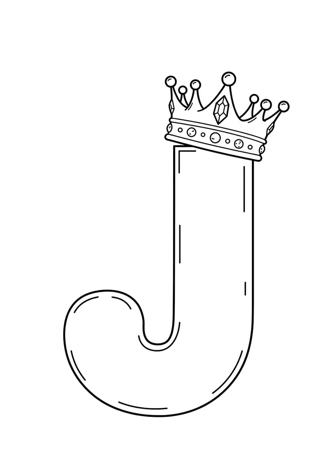 Easy coloring page of a big letter J with a simple jeweled crown beside it.